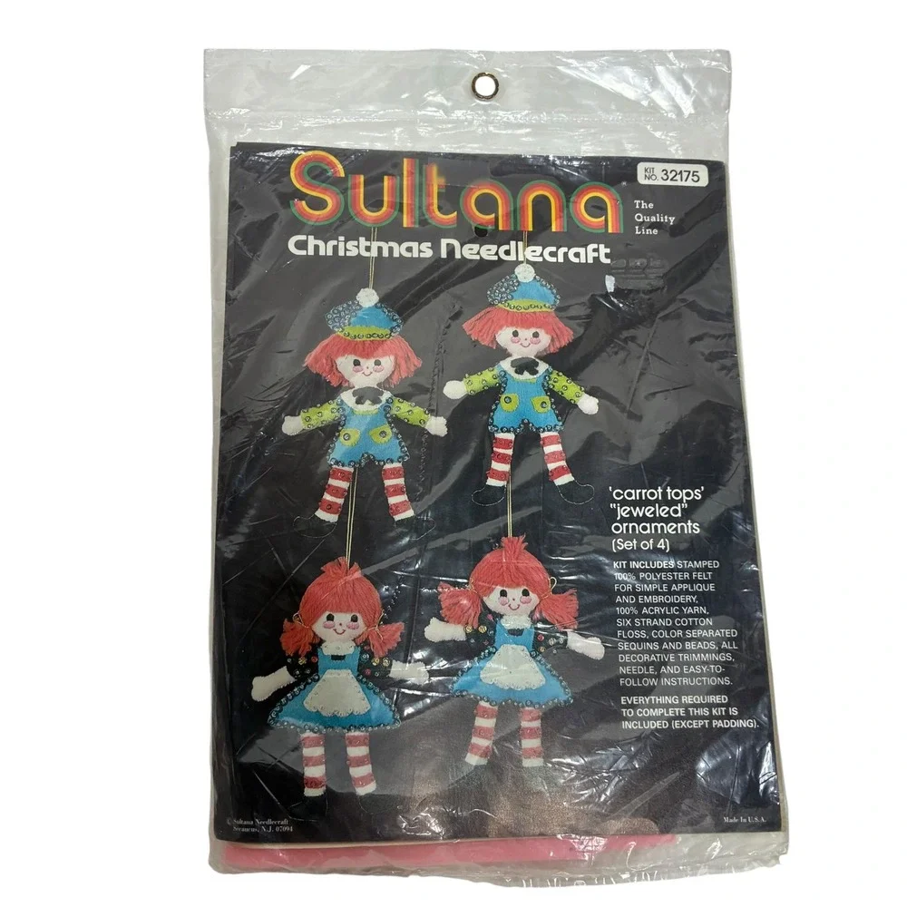 Vintage Sultana Christmas Ornament Kit Multi Carrot Tops Jeweled Felt 32175